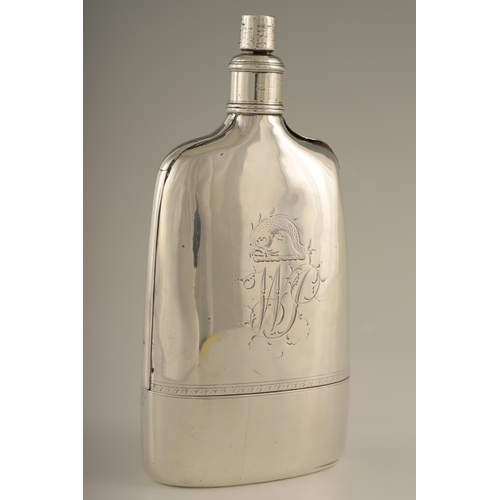 309 - A RARE GEORGE II SILVER HIP FLASK of unusual design with removable gilt cup and screw-fit top, both ... 