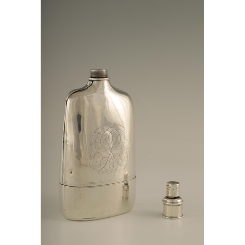 309 - A RARE GEORGE II SILVER HIP FLASK of unusual design with removable gilt cup and screw-fit top, both ... 