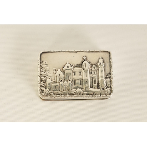 315 - AN EARLY VICTORIAN NATHANIAL MILLS CASTLE-TOP SILVER VINAIGRETTE the lid depicting Sir Walter Scott'... 