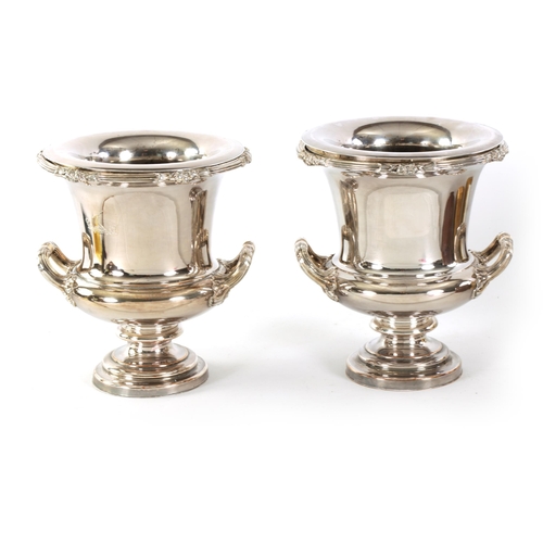 317 - A PAIR OF REGENCY OLD SHEFFIELD PLATE WINE COOLERS of campana form with detachable collars and liner... 