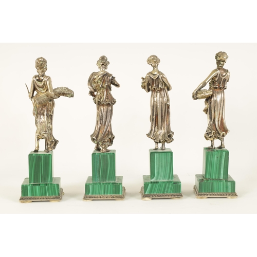 319 - A SET OF FOUR ITALIAN SILVER AND MALACHITE SCULPTURES modelled as the four seasons standing on squar... 