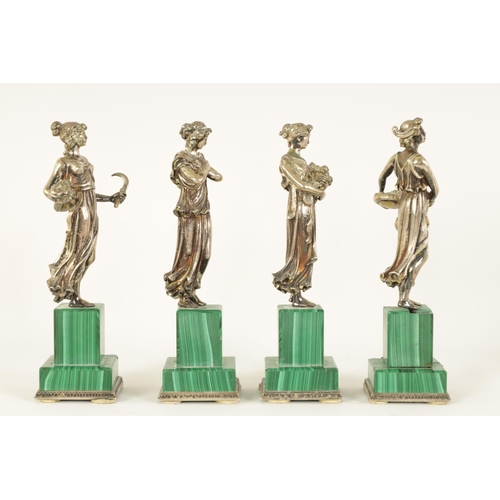 319 - A SET OF FOUR ITALIAN SILVER AND MALACHITE SCULPTURES modelled as the four seasons standing on squar... 