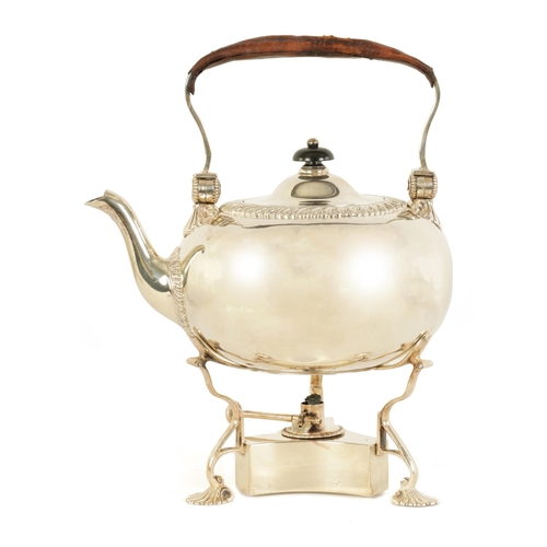 320 - AN EDWARD VII SILVER TEA KETTLE ON STAND OF GEORGE I DESIGN the plain bulbous body with feathered bo... 