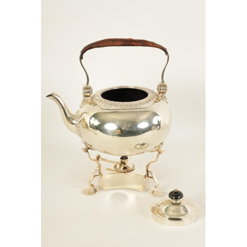 320 - AN EDWARD VII SILVER TEA KETTLE ON STAND OF GEORGE I DESIGN the plain bulbous body with feathered bo... 