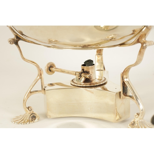 320 - AN EDWARD VII SILVER TEA KETTLE ON STAND OF GEORGE I DESIGN the plain bulbous body with feathered bo... 