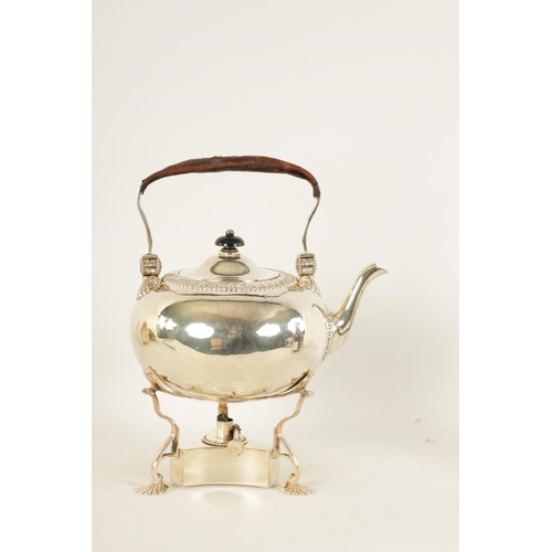 320 - AN EDWARD VII SILVER TEA KETTLE ON STAND OF GEORGE I DESIGN the plain bulbous body with feathered bo... 