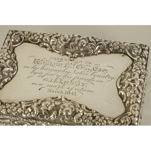 321 - A FINE EARLY VICTORIAN PRESENTATION SILVER TABLE SNUFF BOX BY NATHANIEL MILLS with finely cast shape... 