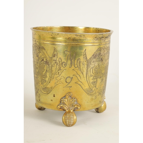 325 - A LATE 17TH CENTURY GERMAN SILVER GILT CYLINDRICAL BEAKER BEARING ENGRAVED FAMILY CRESTS AND INITIAL... 