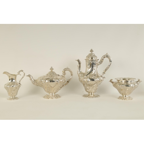 332 - A FINE MID 19TH CENTURY SCOTTISH SILVER THREE PIECE TEA SERVICE WITH MATCHING SILVER COFFEE POT of e... 