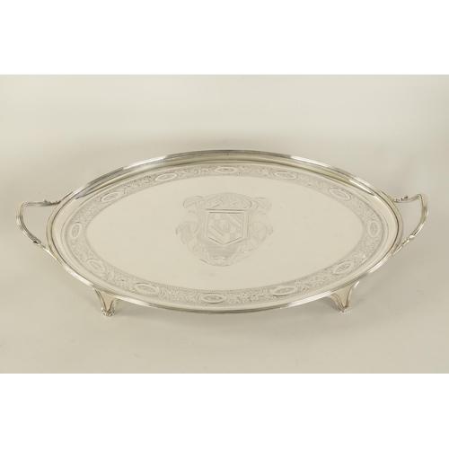 337 - A FINE GEORGE III OVAL SILVER TWO-HANDLED TRAY the ribbed border with beaded inner edging enclosing ... 