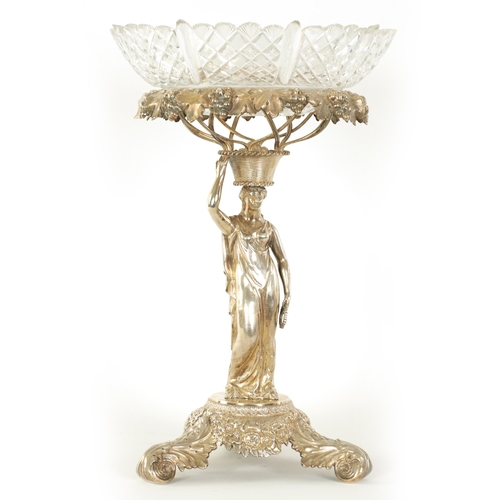 338 - A FINE REGENCY FIGURAL SILVER CENTREPIECE with original hob-nail cut glass bowl; the silver stand wi... 