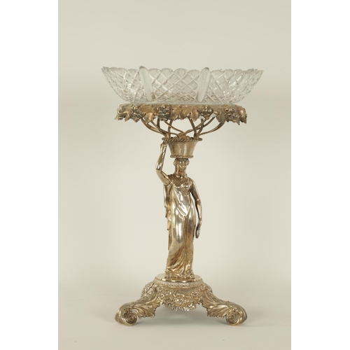 338 - A FINE REGENCY FIGURAL SILVER CENTREPIECE with original hob-nail cut glass bowl; the silver stand wi... 