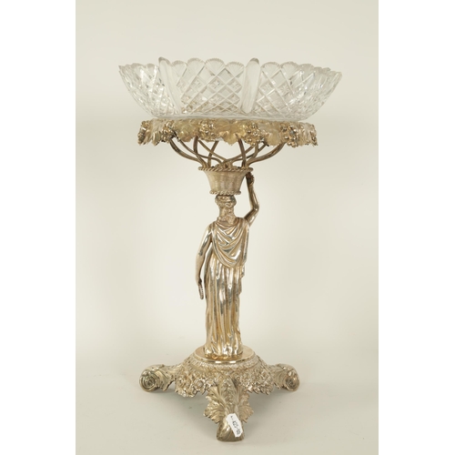 338 - A FINE REGENCY FIGURAL SILVER CENTREPIECE with original hob-nail cut glass bowl; the silver stand wi... 