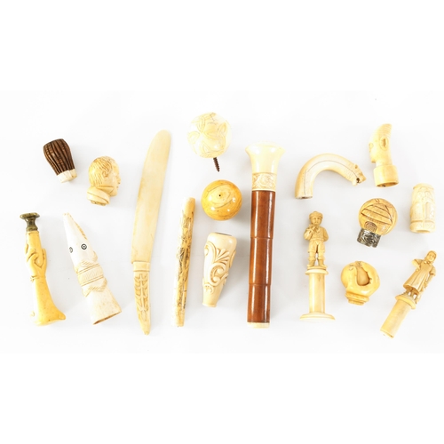 339 - A COLLECTION OF 19TH CENTURY CARVED IVORY ITEMS including 7 walking stick handles, a pair of Contine... 