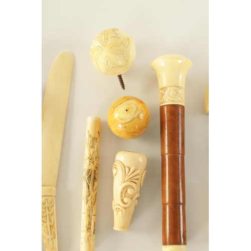 339 - A COLLECTION OF 19TH CENTURY CARVED IVORY ITEMS including 7 walking stick handles, a pair of Contine... 