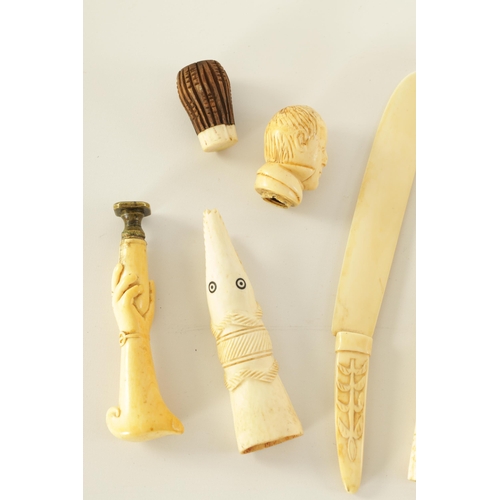 339 - A COLLECTION OF 19TH CENTURY CARVED IVORY ITEMS including 7 walking stick handles, a pair of Contine... 