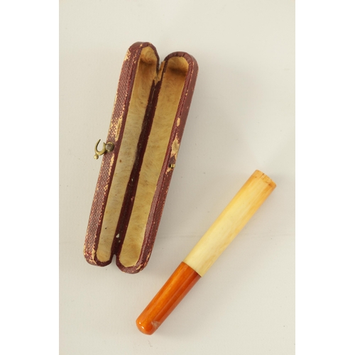 342 - FOUR 19TH CENTURY CARVED IVORY STICK HANDLES together with an ivory and amber cheroot holder.