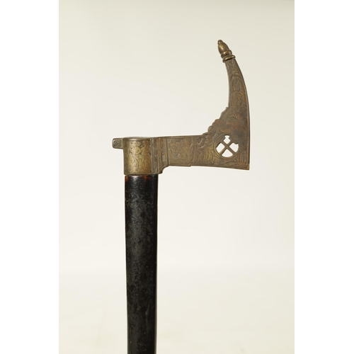 348 - A 19TH CENTURY CONTINENTAL AXE HEAD WALKING STICK the bronze handle engraved with 18th Century figur... 