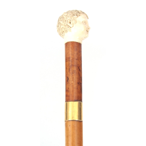 358 - A 19TH CENTURY MALACCA WALKING STICK BY JONATHAN HOWELL with finely carved ivory Roman-style head ha... 