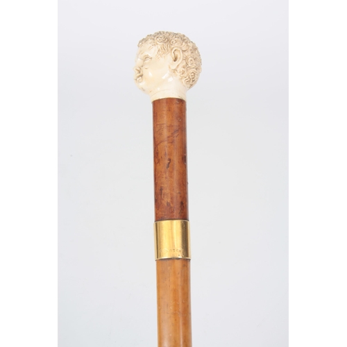 358 - A 19TH CENTURY MALACCA WALKING STICK BY JONATHAN HOWELL with finely carved ivory Roman-style head ha... 