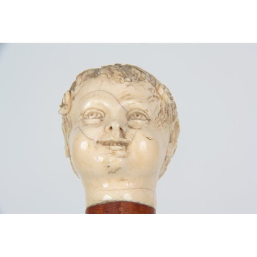 358 - A 19TH CENTURY MALACCA WALKING STICK BY JONATHAN HOWELL with finely carved ivory Roman-style head ha... 