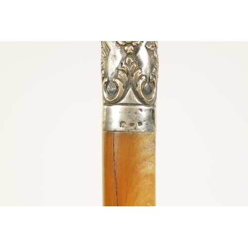 373 - A LATE 19TH CENTURY RHINOCEROS HORN SILVERED METAL MOUNTED WALKING STICK with branch effect tapering... 