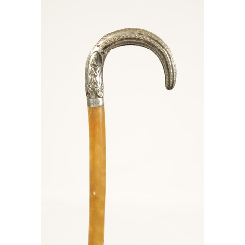 373 - A LATE 19TH CENTURY RHINOCEROS HORN SILVERED METAL MOUNTED WALKING STICK with branch effect tapering... 