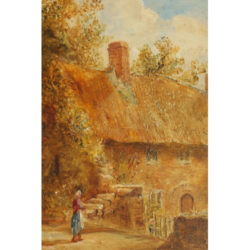 374 - WILLIAM JOSEPH JULIUS CAESAR BOND 1833-1926 - OIL ON PANEL. Country cottage and figures on a lane sc... 