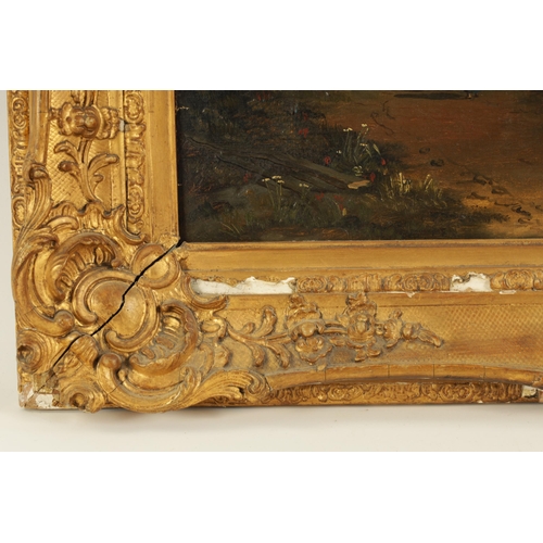 376 - 19TH CENTURY OIL ON CANVAS Country landscape scene with water mill - gilt swept frame. (49cm high 60... 