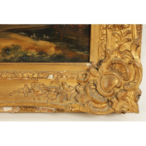 376 - 19TH CENTURY OIL ON CANVAS Country landscape scene with water mill - gilt swept frame. (49cm high 60... 