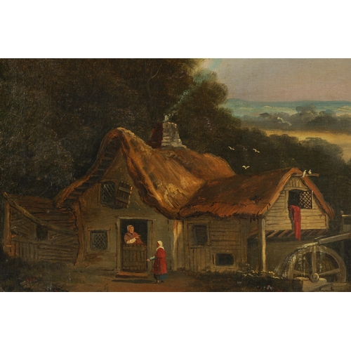 376 - 19TH CENTURY OIL ON CANVAS Country landscape scene with water mill - gilt swept frame. (49cm high 60... 