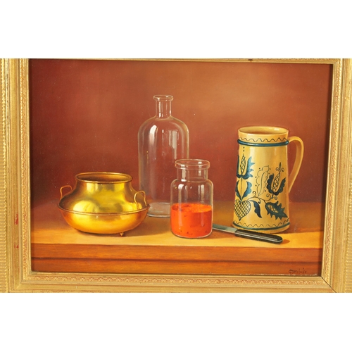 381 - ANDRES GOMBAR 20TH CENTURY HUNGARIAN OIL ON WOOD PANEL Still Life depiciting various vessels on a sh... 