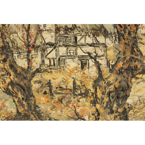 387 - 20TH CENTURY OIL ON CANVAS SIGNED SEBOL heavy impasto depicting a wooded landscape - unframed, (91cm... 