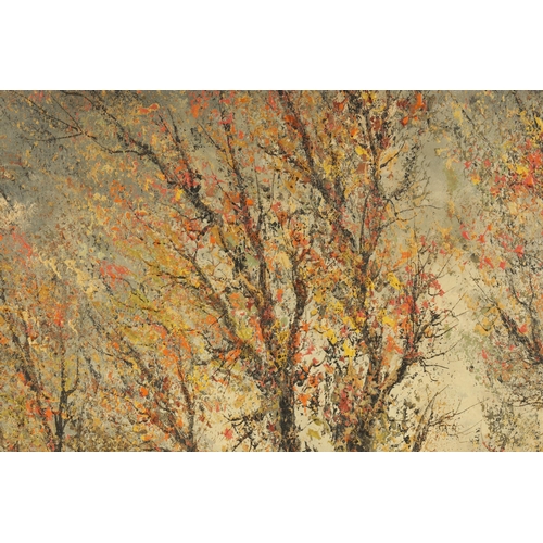 387 - 20TH CENTURY OIL ON CANVAS SIGNED SEBOL heavy impasto depicting a wooded landscape - unframed, (91cm... 