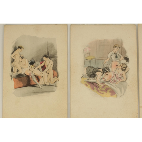 390 - A COLLECTION OF NINE LATE 19TH CENTURY EROTIC WATERCOLOURS (18.5cm by 12cm)