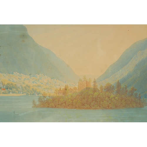 391 - A PAIR OF LATE 18TH CENTURY CONTINENTAL GOUACHE ON PAPER Lake and mountainous landscapes scenes, ini... 