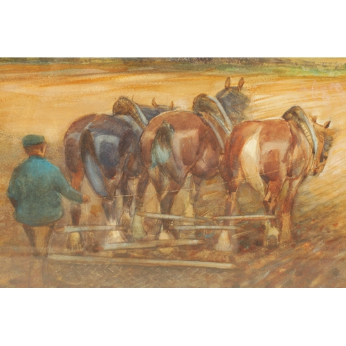 394 - JOHN ATKINSON (1863-1924) LARGE WATERCOLOUR working horses harrowing near Ugthorpe Mill, old gallery... 