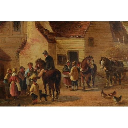 396 - LATE 19TH CENTURY OIL ON CANVAS Farm scene with people gathering - unsigned and in glazed moulded gi... 