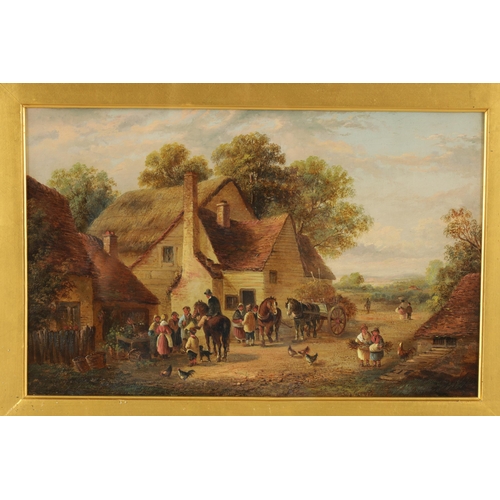 396 - LATE 19TH CENTURY OIL ON CANVAS Farm scene with people gathering - unsigned and in glazed moulded gi... 