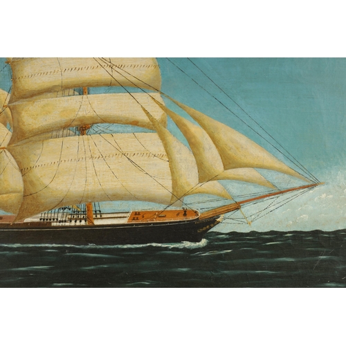 402 - 19TH CENTURY OIL ON CANVAS depicting a clipper in full sail 'Knowsley Hall' - mounted in moulded oak... 