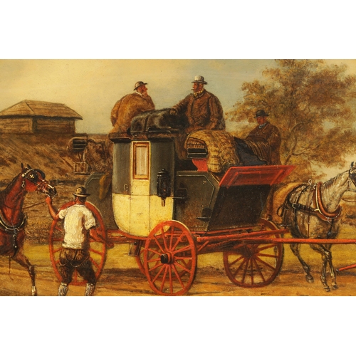 404 - AFTER CHARLES COOPER HENDERSON (1803 - 1877) A PAIR OF 19TH CENTURY OILS ON BOARD COACHING SCENES - ... 