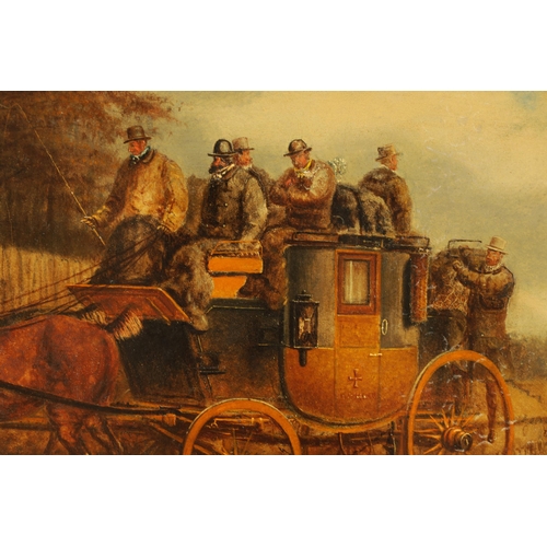 404 - AFTER CHARLES COOPER HENDERSON (1803 - 1877) A PAIR OF 19TH CENTURY OILS ON BOARD COACHING SCENES - ... 