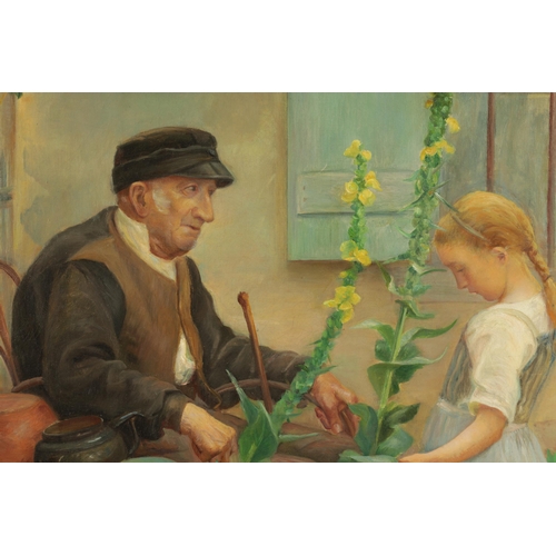 408 - LATE 19TH CENTURY OIL ON CANVAS garden scene with an old man and girl, signed with initials N A R an... 