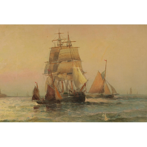 410 - WILLIAM THORNLEY (1857 - 1935) LATE 19TH/EARLY 20TH CENTURY MARINE SCENE OIL ON CANVAS titled on rev... 