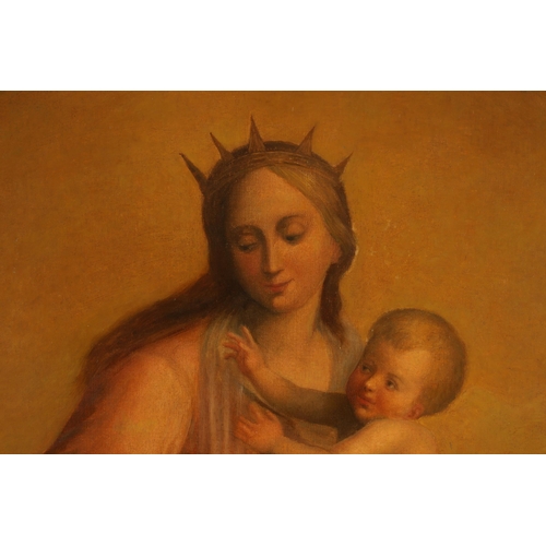 412 - 19TH CENTURY CONTINENTAL OIL ON CANVAS - ‘MADONNA WITH CHILD’ - in swept gilt frame. (101cm high 75c... 