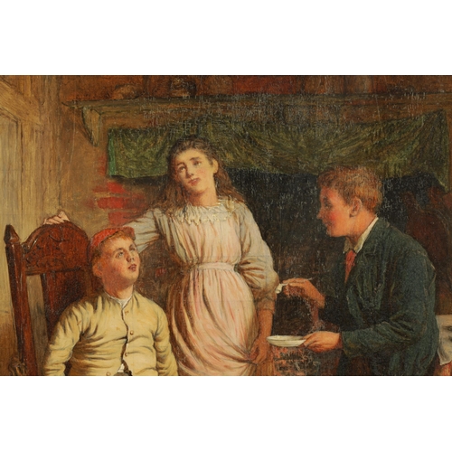 416 - ROBERT W. WRIGHT (FL.1871 - 1906) LATE 19TH CENTURY OIL ON BOARD interior scene depicting children a... 