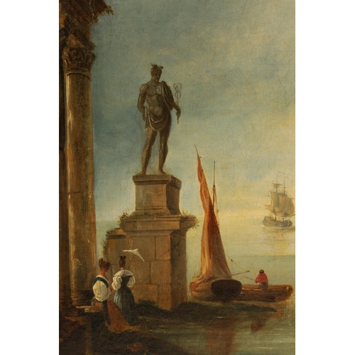 420 - AN EARLY 19TH CENTURY CONTINENTAL OIL ON CANVAS depicting a Mediterranean landscape with Roman ruins... 