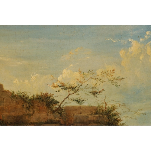 420 - AN EARLY 19TH CENTURY CONTINENTAL OIL ON CANVAS depicting a Mediterranean landscape with Roman ruins... 