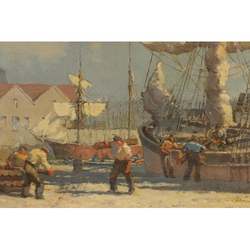 428 - STANHOPE ALEXANDER FORBES (1857 - 1947) LATE 19TH CENTURY OIL ON CANVAS 'UNLOADING AT THE QUAY' - la... 