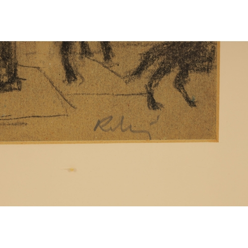 435 - HAROLD RILEY (b. 1934) PENCIL DRAWING ON PAPER titled 'The Dog Lady' with original exibition label o... 